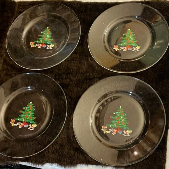 Arcoroc Clear Plate with Applied Christmas Tree Design - set of 4 - Picture 1 of 5